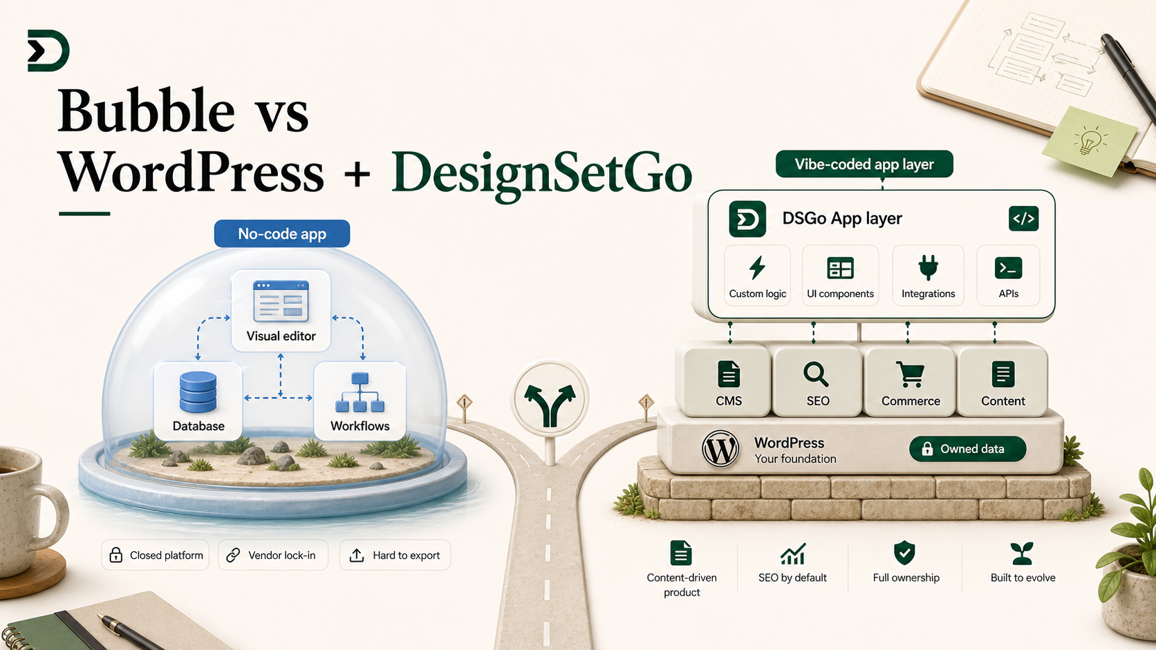 Featured image for Bubble vs WordPress + DesignSetGo for the indie founder